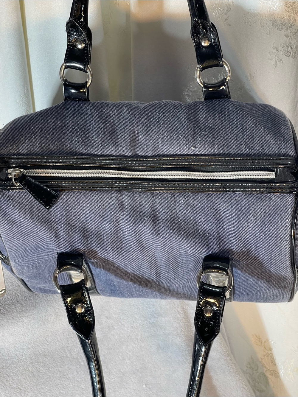 BetseyJohnson Studded Denim Barrel Bag with Patent Trim - Picture 3 of 16